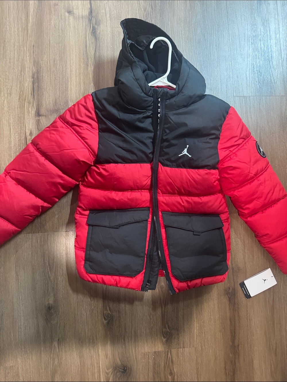 Jordan Kids Red and Black Hooded Puffer Jacket